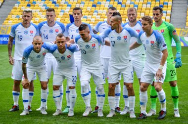Lviv , Ukrayna - 10 Ağustos 2018: Slovakya ve Ukrayna milli takımları arasında Uefa Uluslar Ligi grup seçimi sırasında Slovakya Milli Takımı'nın genel takım fotoğrafı
