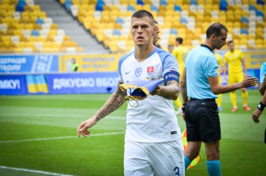 Lviv , Ukrayna - 10 Ağustos 2018: Martin Skrtel, Slovakya ve Ukrayna milli takımları arasında Arena Lviv, Ukrayna'da oynanan Uefa Uluslar Ligi grup seçimi sırasında