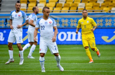 Lviv , Ukrayna - 10 Ağustos 2018: Slovakya ve Ukrayna milli takımları arasında Arena Lviv, Ukrayna'da oynanan Uefa Uluslar Ligi grup seçimi sırasında Stanislav Lobotka