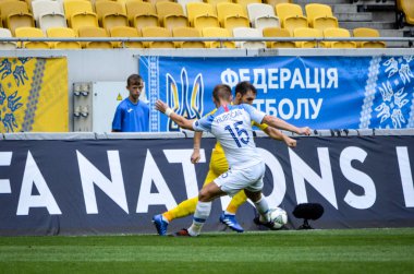 Lviv , Ukrayna - 10 Ağustos 2018: Tomas Hubocan, Slovakya ve Ukrayna milli takımları arasında Arena Lviv, Ukrayna'da oynanan Uefa Uluslar Ligi grup seçimi sırasında