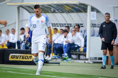 Lviv , Ukrayna - 10 Ağustos 2018: Robert Mak, Slovakya ve Ukrayna milli takımları arasında Arena Lviv, Ukrayna'da oynanan Uefa Uluslar Ligi grup seçimi sırasında
