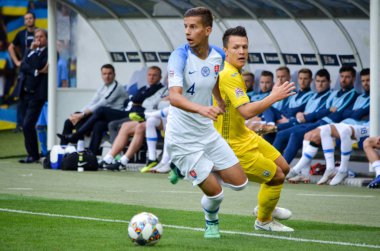 Lviv , Ukrayna - 10 Ağustos 2018: Lubomir Satka, Slovakya ve Ukrayna milli takımları arasında Arena Lviv, Ukrayna'da oynanan Uefa Uluslar Ligi grup seçimi sırasında
