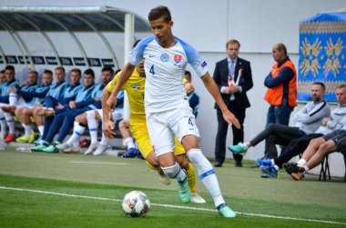 Lviv , Ukrayna - 10 Ağustos 2018: Lubomir Satka, Slovakya ve Ukrayna milli takımları arasında Arena Lviv, Ukrayna'da oynanan Uefa Uluslar Ligi grup seçimi sırasında