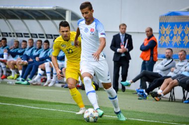 Lviv , Ukrayna - 10 Ağustos 2018: Lubomir Satka, Slovakya ve Ukrayna milli takımları arasında Arena Lviv, Ukrayna'da oynanan Uefa Uluslar Ligi grup seçimi sırasında