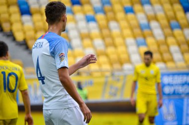 Lviv , Ukrayna - 10 Ağustos 2018: Lubomir Satka, Slovakya ve Ukrayna milli takımları arasında Arena Lviv, Ukrayna'da oynanan Uefa Uluslar Ligi grup seçimi sırasında