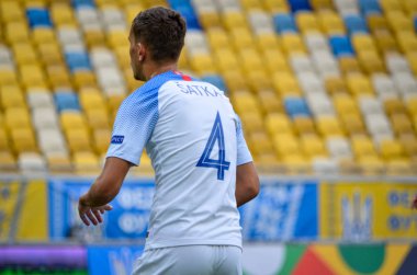 Lviv , Ukrayna - 10 Ağustos 2018: Lubomir Satka, Slovakya ve Ukrayna milli takımları arasında Arena Lviv, Ukrayna'da oynanan Uefa Uluslar Ligi grup seçimi sırasında