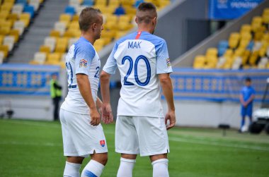 Lviv , Ukrayna - 10 Ağustos 2018: Robert Mak, Slovakya ve Ukrayna milli takımları arasında Arena Lviv, Ukrayna'da oynanan Uefa Uluslar Ligi grup seçimi sırasında