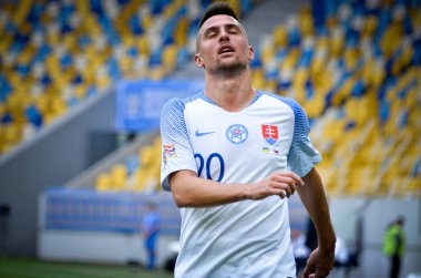 Lviv , Ukrayna - 10 Ağustos 2018: Robert Mak, Slovakya ve Ukrayna, Ukrayna milli takımları arasında Uefa Uluslar Ligi grup seçimi sırasında