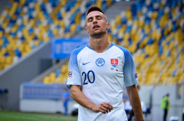 Lviv , Ukrayna - 10 Ağustos 2018: Robert Mak, Slovakya ve Ukrayna milli takımları arasında Arena Lviv, Ukrayna'da oynanan Uefa Uluslar Ligi grup seçimi sırasında