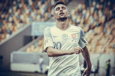 Lviv , Ukrayna - 10 Ağustos 2018: Robert Mak, Slovakya ve Ukrayna, Ukrayna milli takımları arasında Uefa Uluslar Ligi grup seçimi sırasında