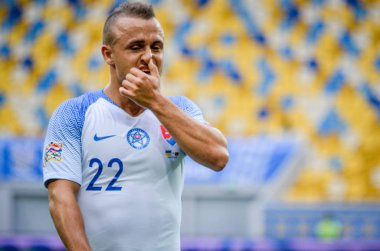 Lviv , Ukrayna - 10 Ağustos 2018: Slovakya ve Ukrayna milli takımları arasında Arena Lviv, Ukrayna'da oynanan Uefa Uluslar Ligi grup seçimi sırasında Stanislav Lobotka