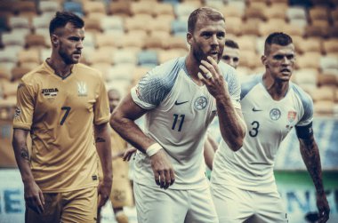Lviv , Ukrayna - 10 Ağustos 2018: Slovakya ve Ukrayna, Ukrayna milli takımları arasında Uefa Uluslar Ligi grup seçimi sırasında Adam Nemec