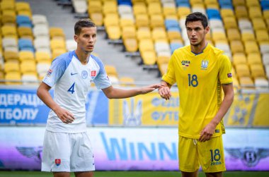 Lviv , Ukrayna - 10 Ağustos 2018: Lubomir Satka, Slovakya ve Ukrayna milli takımları arasında Arena Lviv, Ukrayna'da oynanan Uefa Uluslar Ligi grup seçimi sırasında