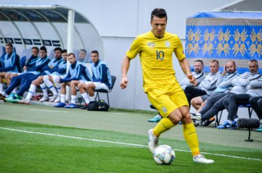 Lviv , Ukrayna - 10 Ağustos 2018: Avrupa Ligi grup seçimi sırasında Slovakya ve Ukrayna milli takımları arena da Lviv, Ukrayna