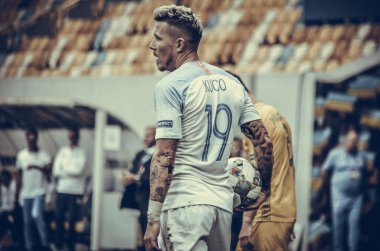 Lviv , Ukrayna - 10 Ağustos 2018: Juraj Kucka, Slovakya ve Ukrayna milli takımları arasında Arena Lviv, Ukrayna'da oynanan Uefa Uluslar Ligi grup seçimi sırasında