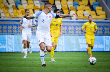 Lviv , Ukrayna - 10 Ağustos 2018: Slovakya ve Ukrayna, Ukrayna milli takımları arasında Uefa Uluslar Ligi grup seçimi sırasında Martin Skrtel