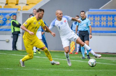 Lviv , Ukrayna - 10 Ağustos 2018: Vladimir Weiss, Slovakya ve Ukrayna milli takımları arasında Arena Lviv, Ukrayna'da oynanan Uefa Uluslar Ligi grup seçimi sırasında