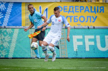 Lviv , Ukrayna - 10 Ağustos 2018: Robert Mak, Slovakya ve Ukrayna milli takımları arasında Arena Lviv, Ukrayna'da oynanan Uefa Uluslar Ligi grup seçimi sırasında