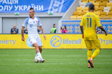 Lviv , Ukrayna - 10 Ağustos 2018: Marek Hamsik, Slovakya ve Ukrayna milli takımları arasında Arena Lviv, Ukrayna'da oynanan Uefa Uluslar Ligi grup seçimi sırasında