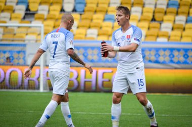 Lviv , Ukrayna - 10 Ağustos 2018: Vladimir Weiss, Slovakya ve Ukrayna milli takımları arasında Arena Lviv, Ukrayna'da oynanan Uefa Uluslar Ligi grup seçimi sırasında