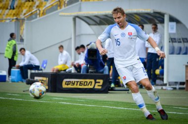 Lviv , Ukrayna - 10 Ağustos 2018: Tomas Hubocan, Slovakya ve Ukrayna milli takımları arasında Uefa Uluslar Ligi grup seçimi sırasında