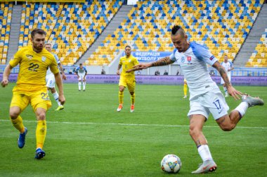 Lviv , Ukrayna - 10 Ağustos 2018: Marek Hamsik, Slovakya ve Ukrayna milli takımları arasında Arena Lviv, Ukrayna'da oynanan Uefa Uluslar Ligi grup seçimi sırasında