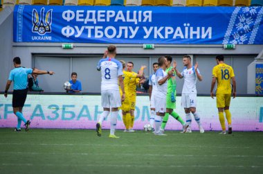 Lviv , Ukrayna - 10 Ağustos 2018: Hakem, Slovakya ve Ukrayna, Ukrayna milli takımları arasında Uefa Uluslar Ligi grup seçimi sırasında ceza verdi