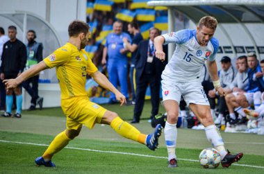 Lviv , Ukrayna - 10 Ağustos 2018: Tomas Hubocan, Slovakya ve Ukrayna milli takımları arasında Uefa Uluslar Ligi grup seçimi sırasında