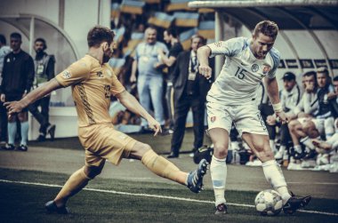 Lviv , Ukrayna - 10 Ağustos 2018: Tomas Hubocan, Slovakya ve Ukrayna milli takımları arasında Uefa Uluslar Ligi grup seçimi sırasında