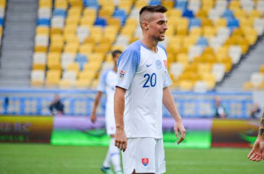 Lviv , Ukrayna - 10 Ağustos 2018: Robert Mak, Slovakya ve Ukrayna milli takımları arasında Arena Lviv, Ukrayna'da oynanan Uefa Uluslar Ligi grup seçimi sırasında