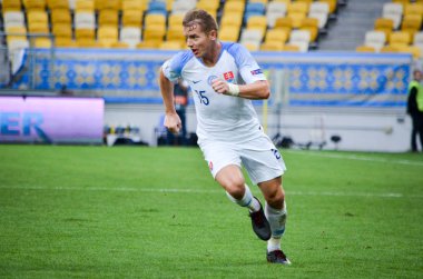 Lviv , Ukrayna - 10 Ağustos 2018: Tomas Hubocan, Slovakya ve Ukrayna milli takımları arasında Arena Lviv, Ukrayna'da oynanan Uefa Uluslar Ligi grup seçimi sırasında