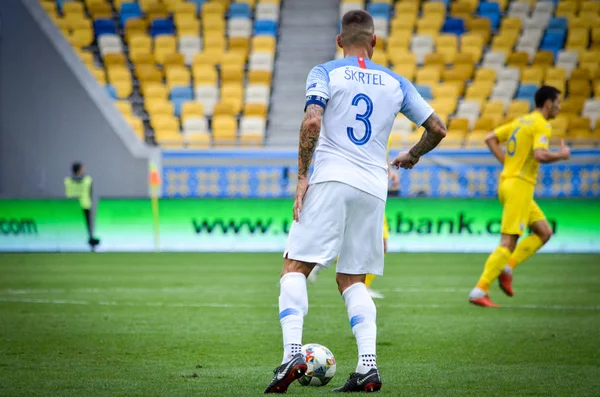 Lviv , Ukrayna - 10 Ağustos 2018: Martin Skrtel, Slovakya ve Ukrayna milli takımları arasında Arena Lviv, Ukrayna'da oynanan Uefa Uluslar Ligi grup seçimi sırasında
