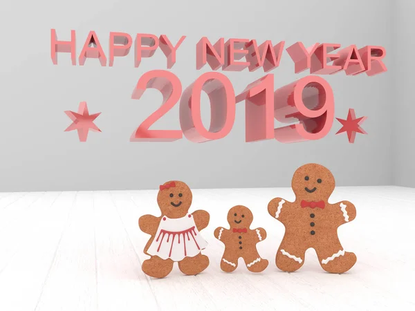 Holiday card Happy New Year 2019 with star, cookies on a white background. 3d rendering