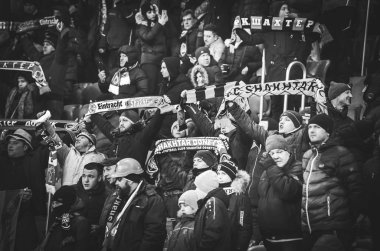 Kharkiv, Ukrayna - 14 Şubat 2019: Shakhtar Futbol taraftarları