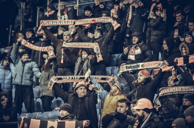 Kharkiv, Ukrayna - 14 Şubat 2019: Shakhtar Futbol taraftarları
