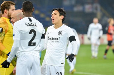 Kharkiv, Ukrayna - 14 Şubat 2019: Evan N'Dicka ve Makoto Ha