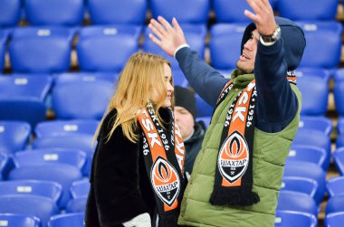 Kharkiv, Ukrayna - 14 Şubat 2019: Futbol taraftarları ve ultras s