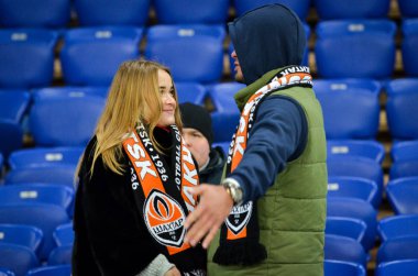 Kharkiv, Ukrayna - 14 Şubat 2019: Futbol taraftarları ve ultras s