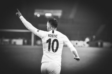 Kharkiv, Ukrayna - 14 Şubat 2019: Filip Kostic goa kutlamak