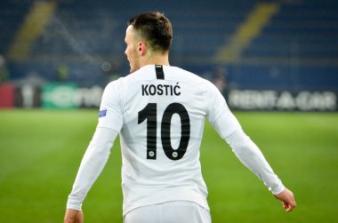 Kharkiv, Ukrayna - 14 Şubat 2019: Filip Kostic goa kutlamak