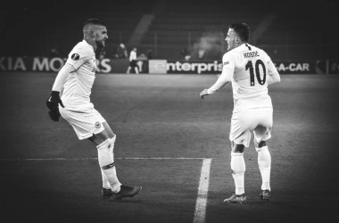 Kharkiv, Ukrayna - 14 Şubat 2019: Ante Rebic ve Filip Kosti