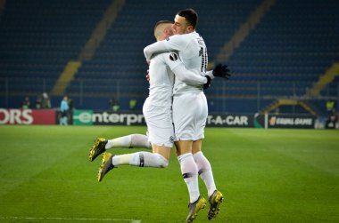 Kharkiv, Ukrayna - 14 Şubat 2019: Ante Rebic ve Filip Kosti