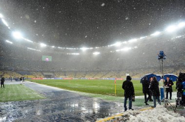 Kiev, Ukrayna - 12 Aralık 2018: Kar da Olimpiyat Stadyumu