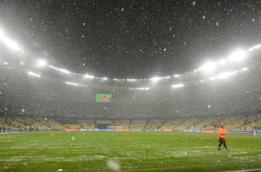 Kiev, Ukrayna - 12 Aralık 2018: Kar da Olimpiyat Stadyumu