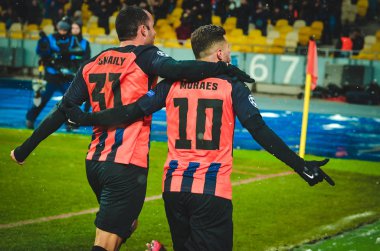 Kiev, Ukrayna - 12 Aralık 2018: Shakhtar futbolcuları kutluyor