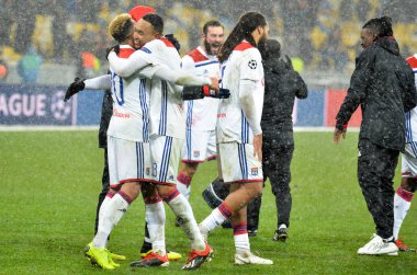 Kiev, Ukrayna - 12 Aralık 2018: Lyonlu futbolcular celebra