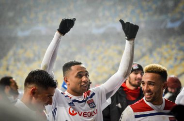 Kiev, Ukrayna - 12 Aralık 2018: Lyonlu futbolcular celebra
