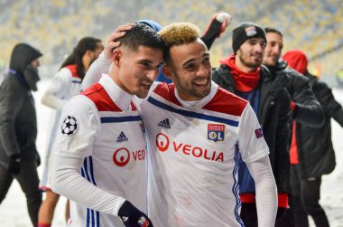 Kiev, Ukrayna - 12 Aralık 2018: Lyonlu futbolcular celebra