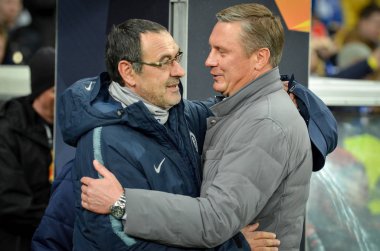 Kiev, Ukrayna - 14 Mart 2019: Maurizio Sarri ve Aleksandr Kh