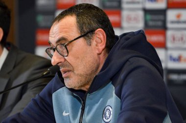 Kiev, Ukrayna - 14 Mart 2019: Teknik direktör Maurizio Sarri pres